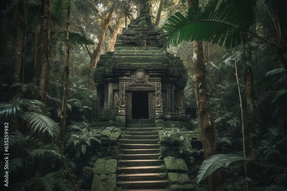 A temple in a mysterious jungle surrounded by ancient ruins in a picturesque fantasy tropical forest. Generative AI