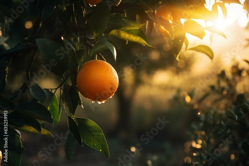 Backlit orange on Valencia orchard tree. Generative AI photo