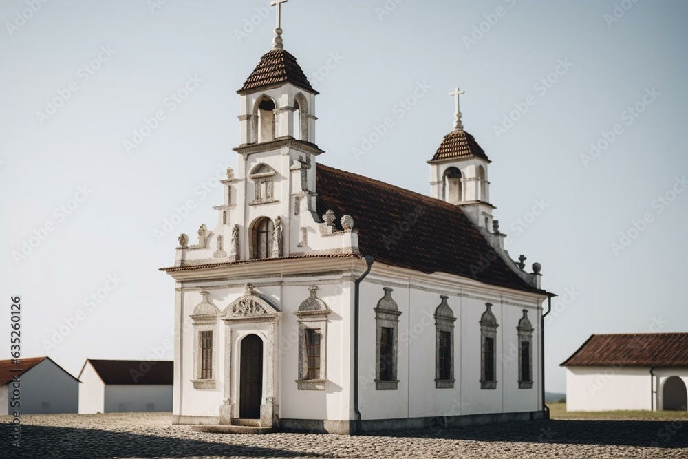 Chapel building in a rural town against a white background. Generative AI
