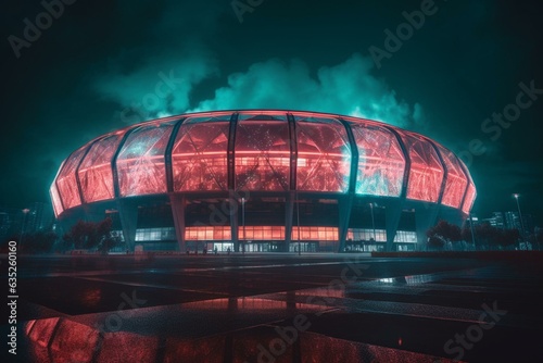 A futuristic soccer stadium illuminated with vibrant neon lights. Generative AI