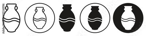 Ceramic Vase symbol Icon. Art of an old bowl with the decorative handle. Vector set of pottery clayware to show case on table made of clay. Flat outlined piece shape of ancient vintage style pot jar