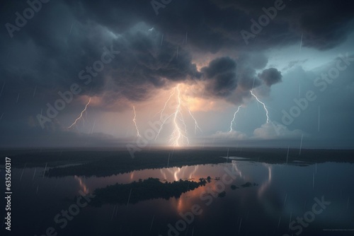 Rain clouds and lightning rendered in a 3D style. Generative AI