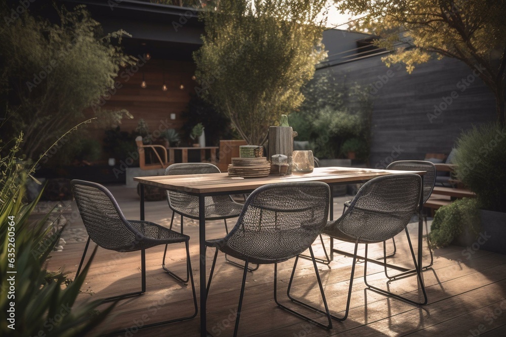 Modern outdoor dining space featuring a polished metal table and vibrant patio seating. Generative AI