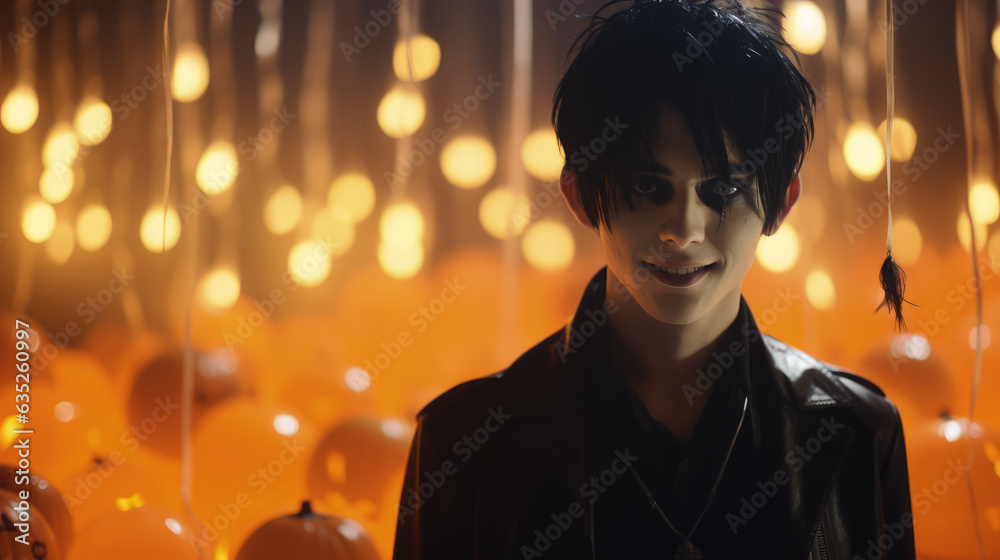 Young vampire in cemetery with tombstones and orange lights pumpkins in Halloween night. Young vampire in cemetery with tombstones and orange lights pumpkins in Halloween night.