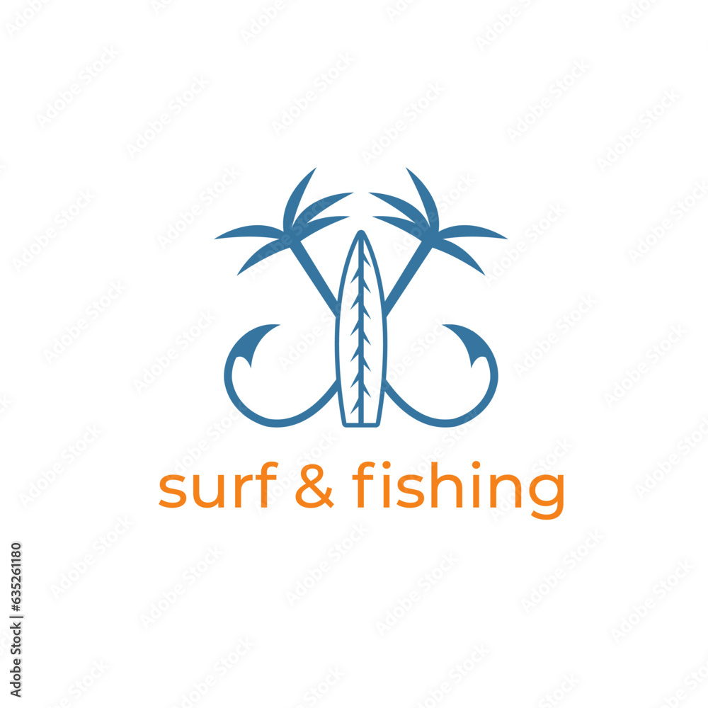 Surf Palm and Hook logo. Coastal vibes meet adventure. Perfect for beach-related brands. Vector illustration