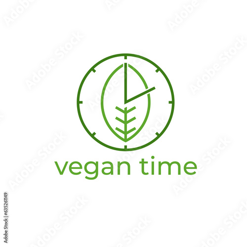 Clock and leaf vegan logo. Timeless, eco-conscious representation. Vector illustration