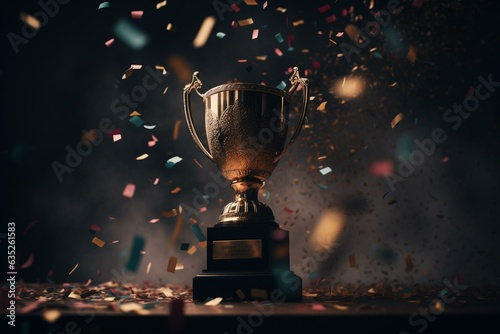 A trophy drops amidst confetti at an awards show for music or sports. Generative AI
