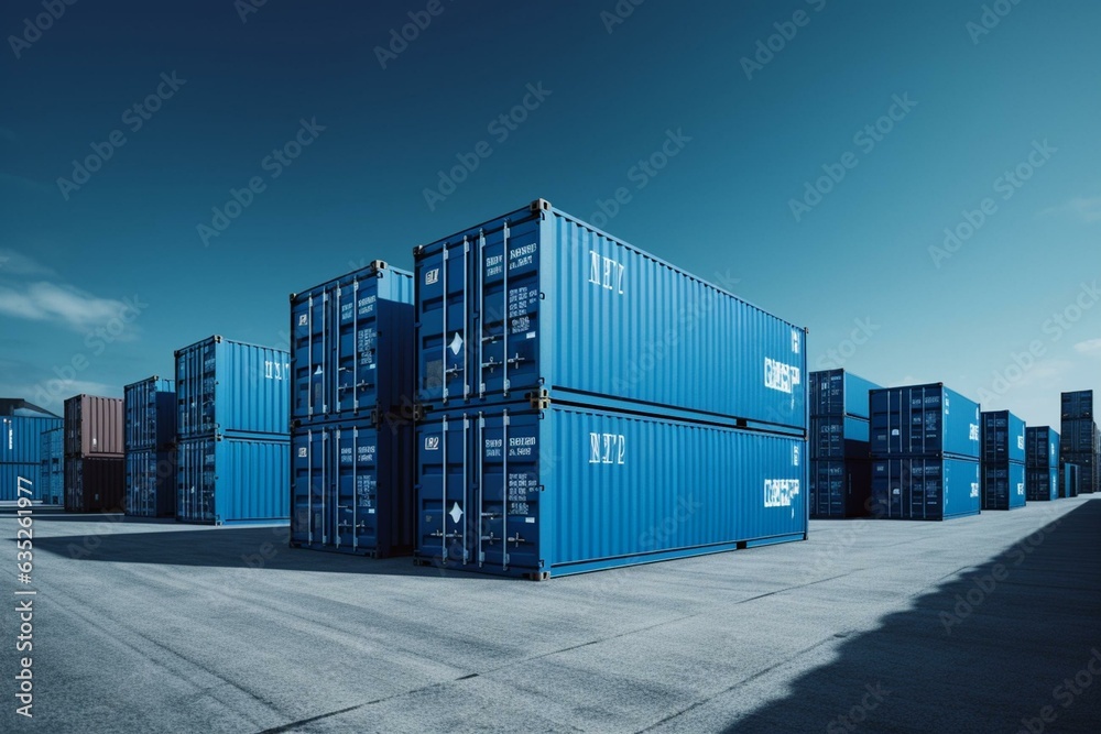 Blue shipping containers at a seaport with space for text. Vector illustration. Generative AI - obrazy, fototapety, plakaty 