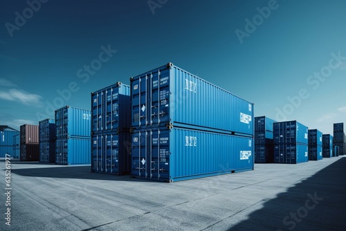 Blue shipping containers at a seaport with space for text. Vector illustration. Generative AI