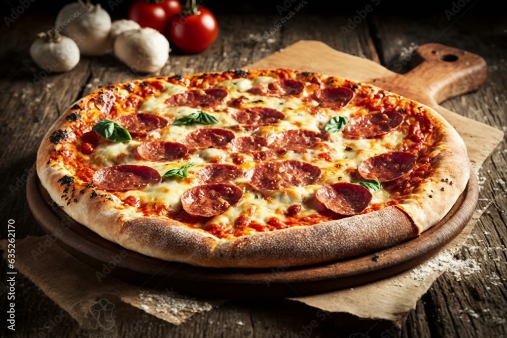 Freshly baked stone oven Italian Salami Pizza with Mozzarella. Generative AI