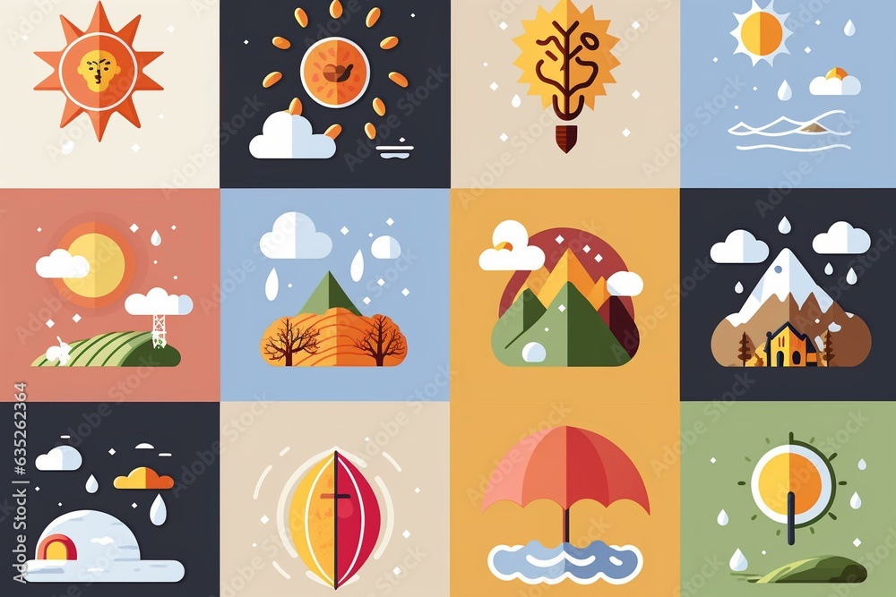 Icons representing seasons, travel, and weather. Generative AI