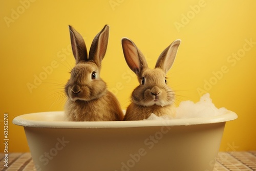 Two cute brown bunnies in a tub, with a soft yellow backdrop. Generative AI