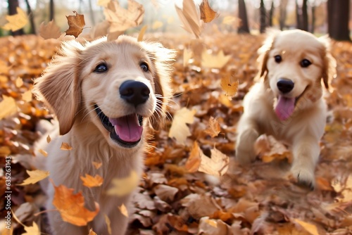 Golden Retriever puppies playing in fall leaves photo