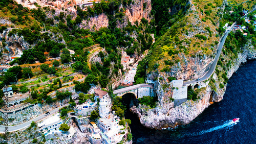 Aerial view of scenic Furore bridge overlooking the Mediterranean Fjord on Italy's Amalfi Coast