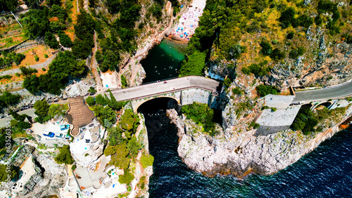 Aerial view of famous bridge Furore fjord at Amalfi coast, Italy