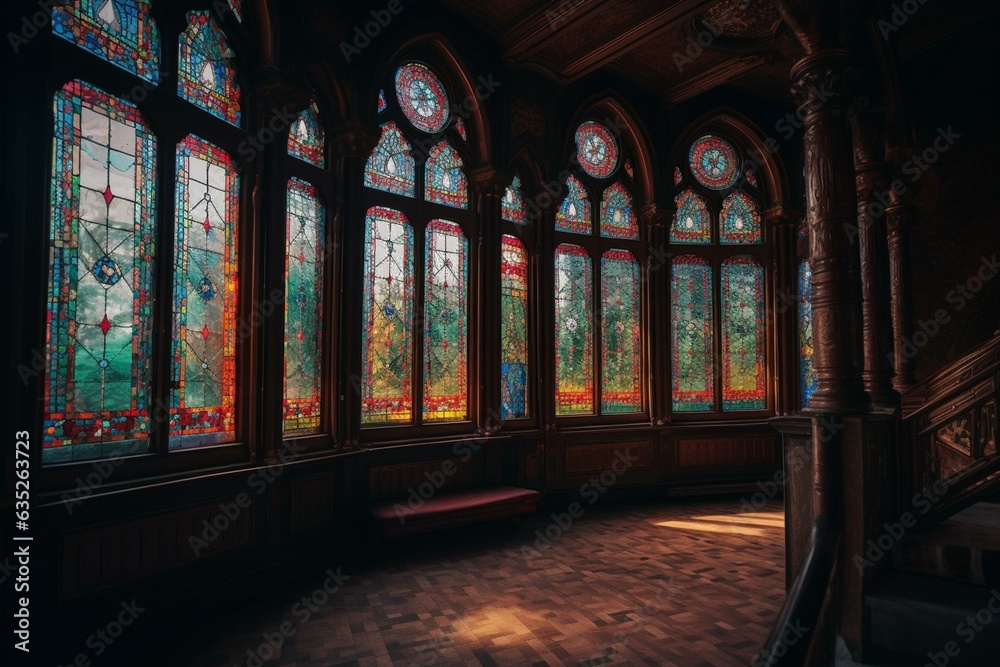 Palace with colorful stained windows. Generative AI