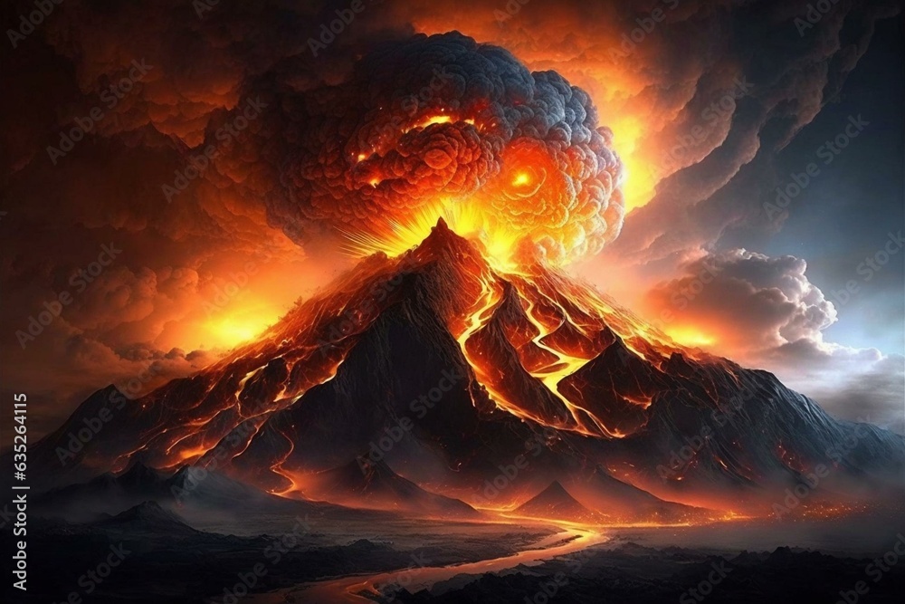 A volcano has erupted, spewing molten lava into the air. Generative AI