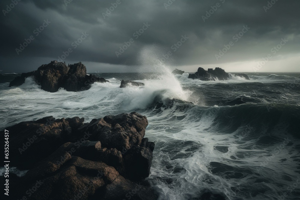 Stunning scene of treacherous ocean waves against stormy backdrop. Dark sky with cloudy atmosphere. Generative AI
