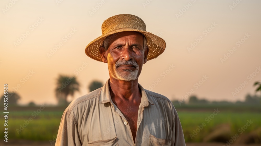 a old asian indian farmer man standing on a wheat grass field. wearing a hat. agricultural land owner. blurry field and a mansion background. Generative AI a old asian indian farmer man standing on a wheat grass field. wearing a hat. agricultural land owner. blurry field and a mansion background. Generative AI