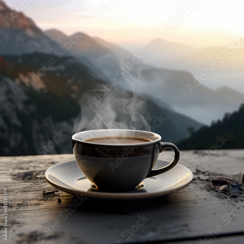 A cup of tea and a teapot against the backdrop of a beautiful european landscape. Generative AI.