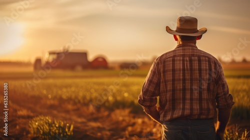 a adult white american farmer man standing on a wheat grass field. wearing a hat. photo taken from behind his back. agricultural land owner. blurry field and a mansion background. Generative AI