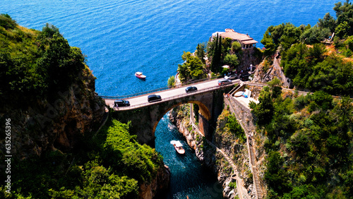 Obraz na płótnie Aerial view of famous bridge Furore fjord at Amalfi coast, Italy with it's azure