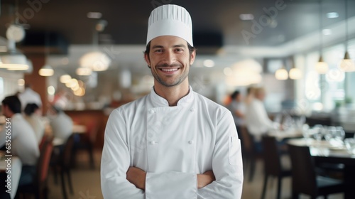Leinwand Poster closeup photo portrait of a handsome young italian american chef cook with white uniform standing