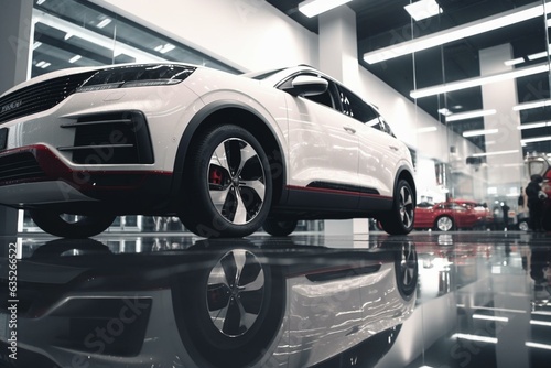 Luxury red and white car parked in a modern showroom. Focus on the shiny white car. Car dealership concept. Showroom interior. Automotive industry in the coronavirus crisis. Generative AI