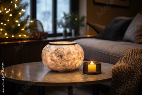 Festive marble table top with warm living room decor, Christmas tree light bokeh, snow, and holiday backdrop. Perfect for product displays. Generative AI