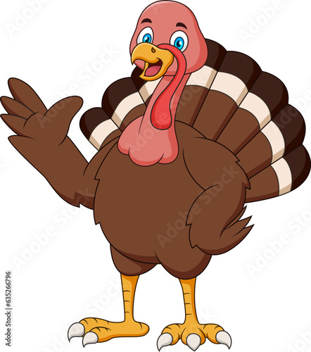 Cute turkey mascot cartoon waving