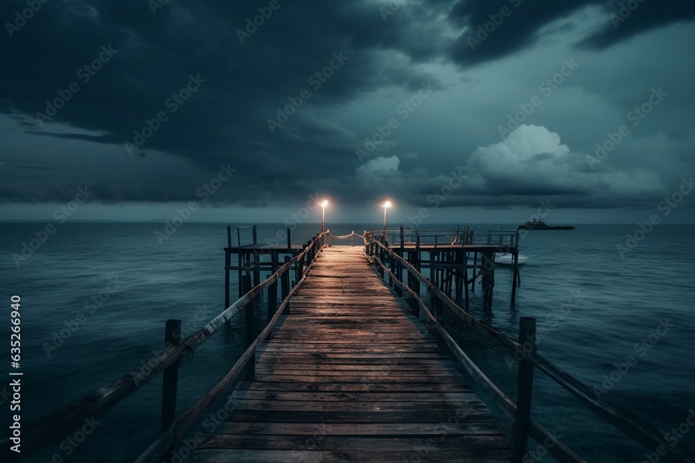 Nighttime pier at sea with cross and dramatic sky. Generative AI