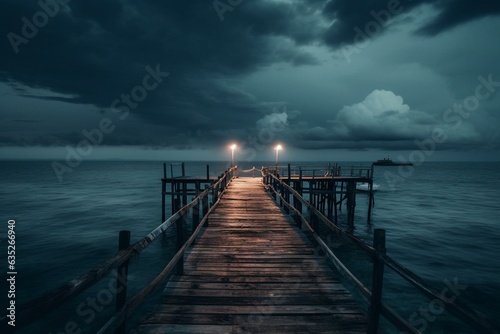 Nighttime pier at sea with cross and dramatic sky. Generative AI