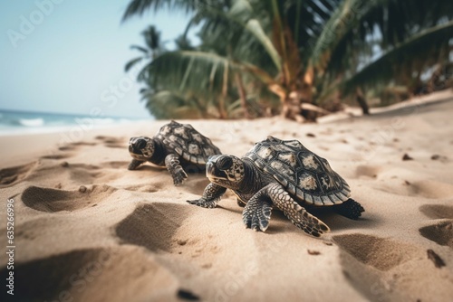 Hatchling hawksbill sea turtles crawling on the beach towards the sea in Bahia coast, Brazil, with a backdrop of coconut palm trees. Generative AI