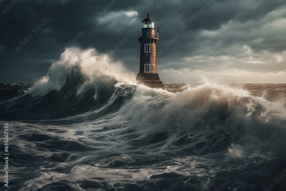 Lighthouse standing tall amidst turbulent ocean waves. Generative AI
