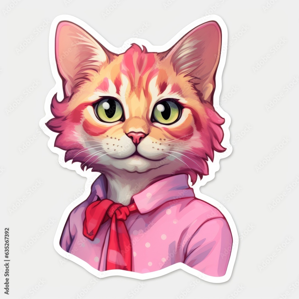 A sticker of a cat wearing a pink shirt. Digital image. A sticker of a cat wearing a pink shirt. Digital image.