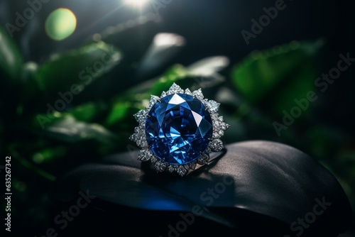 Sparkling blue sapphire gem adorned with diamonds. Generative AI