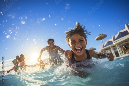 Happy children swim in water park