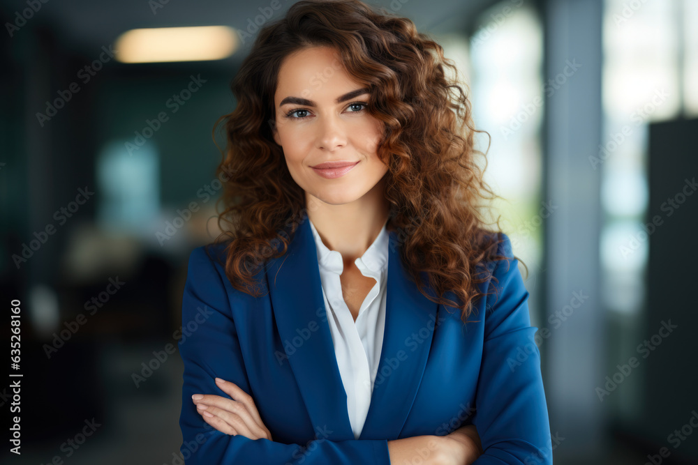 Graceful Confidence: A Successful and Ambitious Woman in a Modern Blue Suit, Crossed Arms, and a White Shirt, Looking at the Camera with Brown Hair and Eyes Graceful Confidence: A Successful and Ambitious Woman in a Modern Blue Suit, Crossed Arms, and a White Shirt, Looking at the Camera with Brown Hair and Eyes
