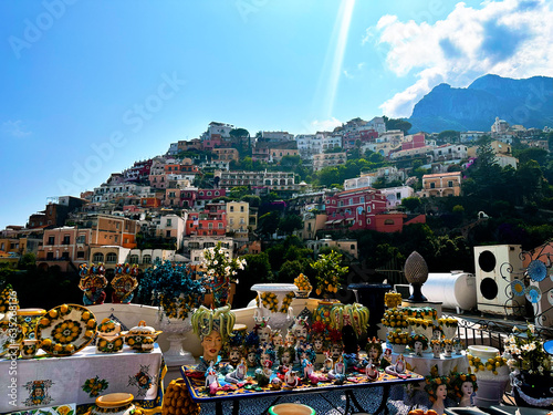 Amalfi coast view of colorful houses in famous Italian village Positano