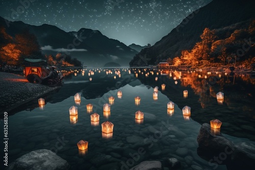 A serene lake with floating lanterns under starry sky, mountain range, trees, with sky lights. Generative AI