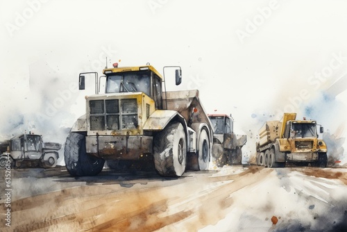 Continuous watercolor border featuring vehicles like dump truck, excavator, truck crane, and bulldozer. Generative AI