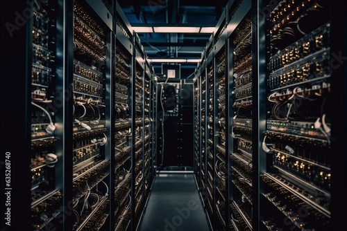 Rows of computer equipment at a data center, disk storage. Generative AI