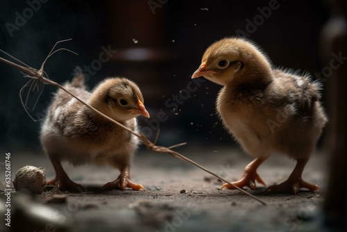 Competition between calm adult hen and baby chickens passing a baton in a relay race. Generative AI photo