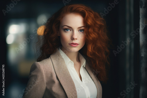 Confident and Stylish Businesswoman with Red Hair  Wearing a Fashion-Forward Suit  Gazing into the Distance with a Blurry Background