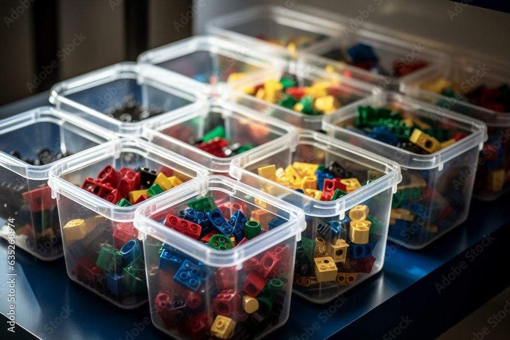 Colorful sorting system in a transparent plastic box with constructor pieces and storage baskets on shelves. Perfect for organizing playroom toys. Generative AI