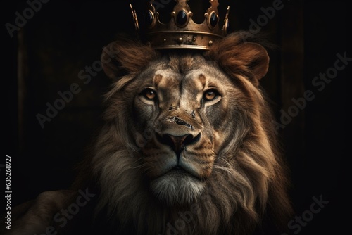 An image depicting a regal lion wearing a crown. Generative AI