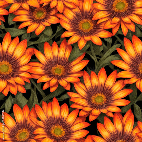 Orange gazania flowers seamless pattern and black background. Generative AI