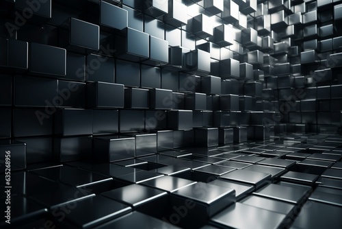 A glossy square wall with silver tiles that have luxurious 3D blocks. Rendered in 3D. Generative AI