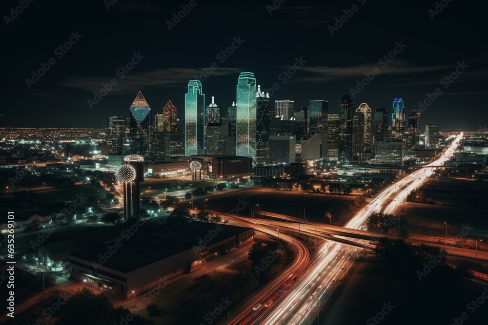 Mesmerizing Dallas skyline featuring highway, park, and the iconic Reunion Tower. Generative AI