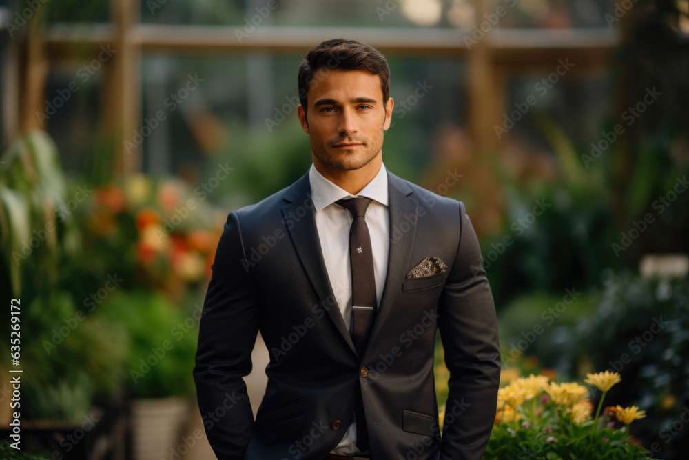 A dapper business man stands confidently in front of a lush outdoor patio, surrounded by vibrant flowers and the soothing sounds of nature. A dapper business man stands confidently in front of a lush outdoor patio, surrounded by vibrant flowers and the soothing sounds of nature.